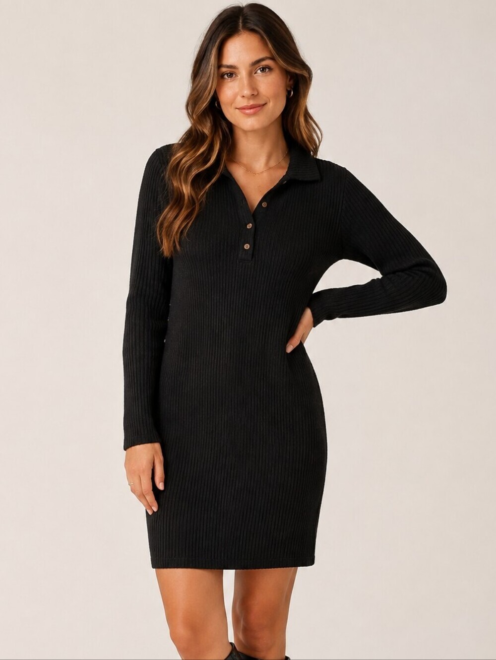 🖤 Rewind Black Ribbed Long Sleeve Sweater Dress | Size Medium | Collared Button